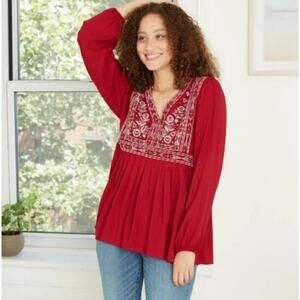 Knox Rose Women's Boho Red Peasant Top Floral Embroidered Pleated Size XS NWT
